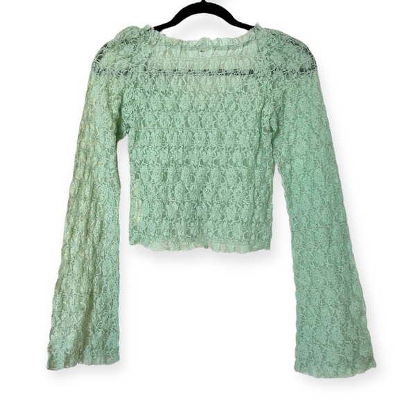 โขSOLDโขโข Free People One Madison Floral Lace Top Sz M Pastel Sage Green - Picture 5 of 10